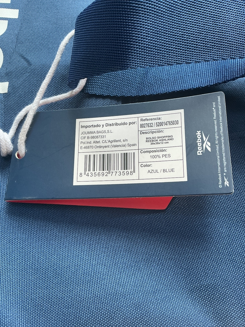 *NEW* Reebok Blue Tote Bag with Front Zip Pocket Size 39*39*12cm