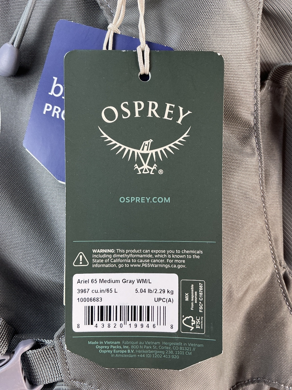 Osprey Ariel 65L Women’s Backpack Large Grey Custom Fit Lightweight Raincover