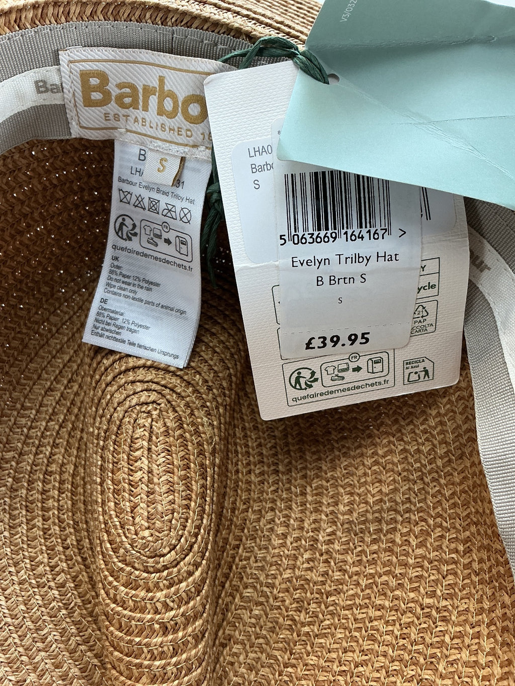Barbour Evelyn Trilby Hat Size S Brown Straw Fedora