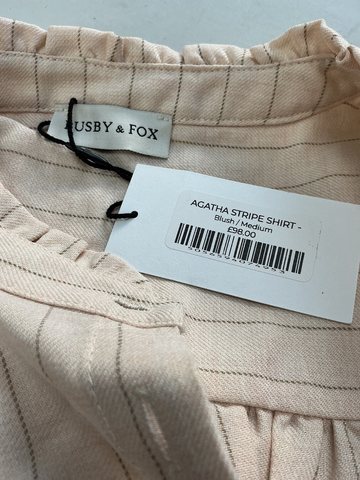 Busby & Fox Agatha Stripe Shirt Women Medium Blush Ruffle Collar Button-Up