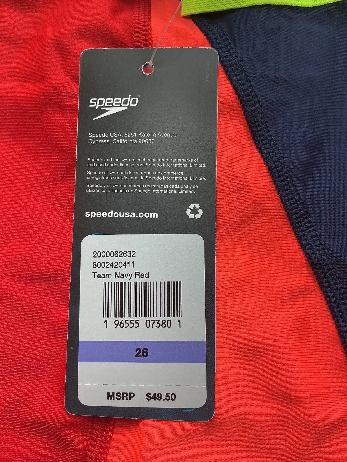 *NEW* Speedo Men's Swim Jammer Trunks Size 26 Team Navy Red