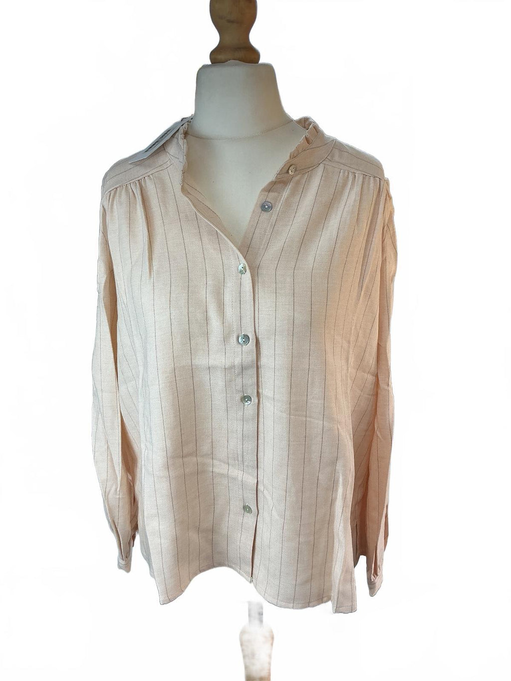 Busby & Fox Agatha Stripe Shirt Women Medium Blush Ruffle Collar Button-Up