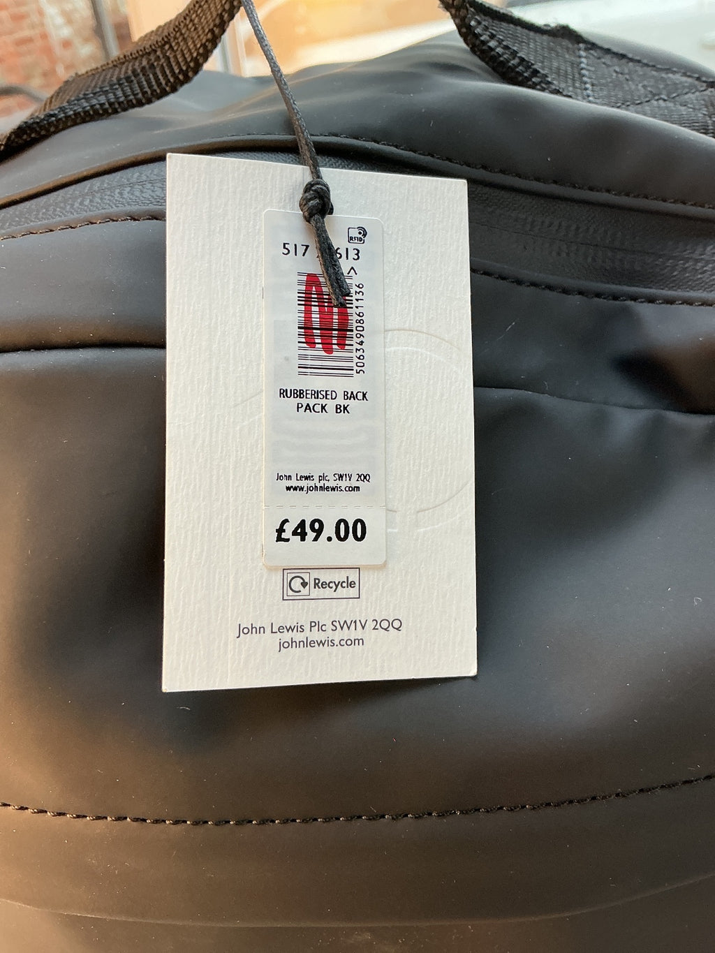 John Lewis Rubberised Backpack Unisex Black Durable