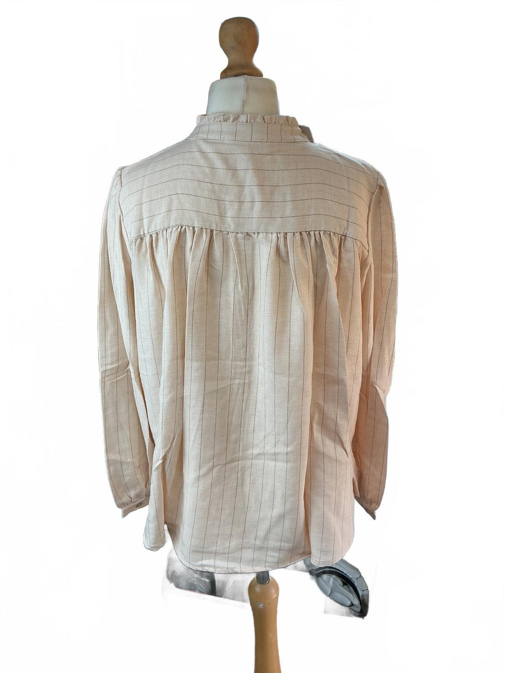 Busby & Fox Agatha Stripe Shirt Women Medium Blush Ruffle Collar Button-Up