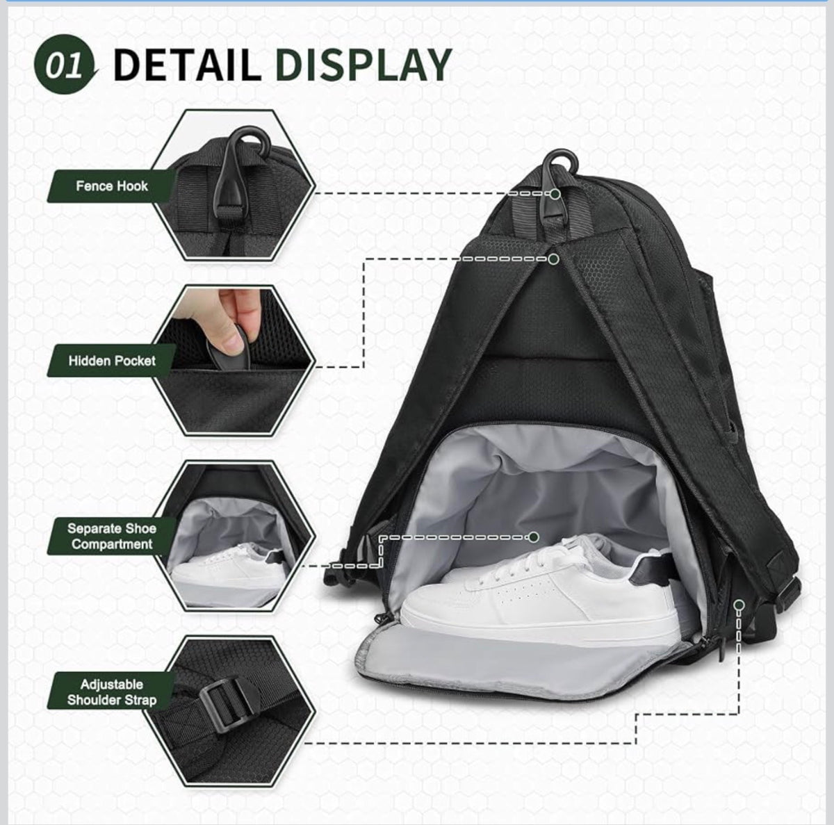 SUIKIHUM Tennis/Padel Backpack Unisex Medium Black Waterproof Shoe Compartment