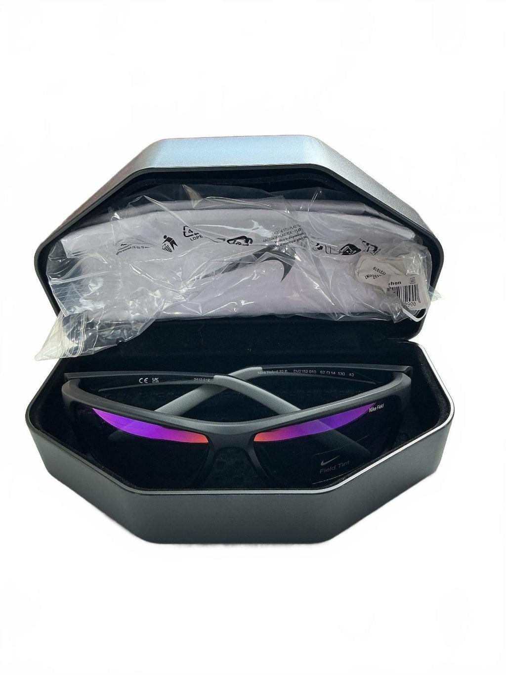 Nike Adrenaline 22 E sunglasses in matte black pink-mirrored field tint lenses.