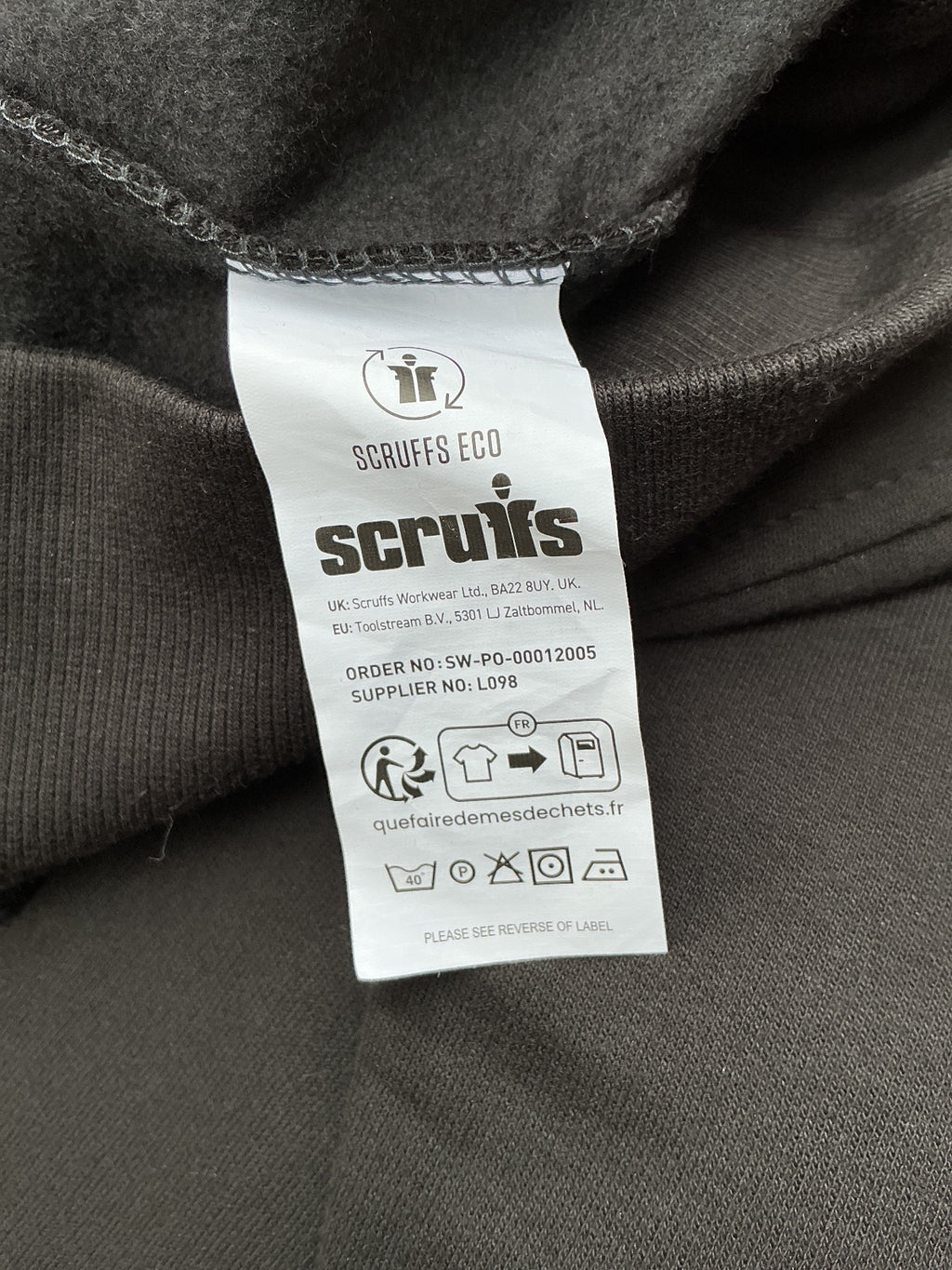 Scruffs Ego Worker Sweatshirt Men Large Black Sustainable Cotton Zipped Pockets