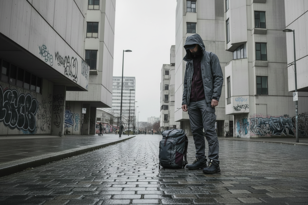 Hooded figure in technical waterproof jacket and trail boots standing on wet cobblestone street with backpack — gorpcore outdoor streetwear style