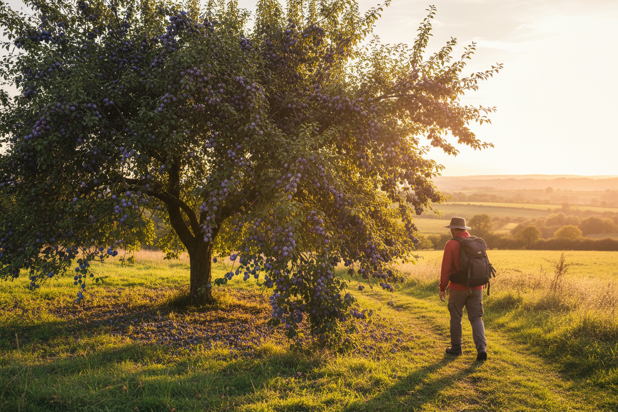 Hiker past a damson tree