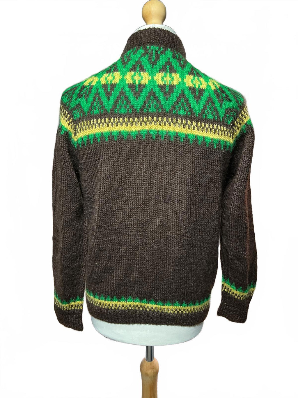 Vintage Men's Brown Knit Sweater with Green and Yellow Pattern