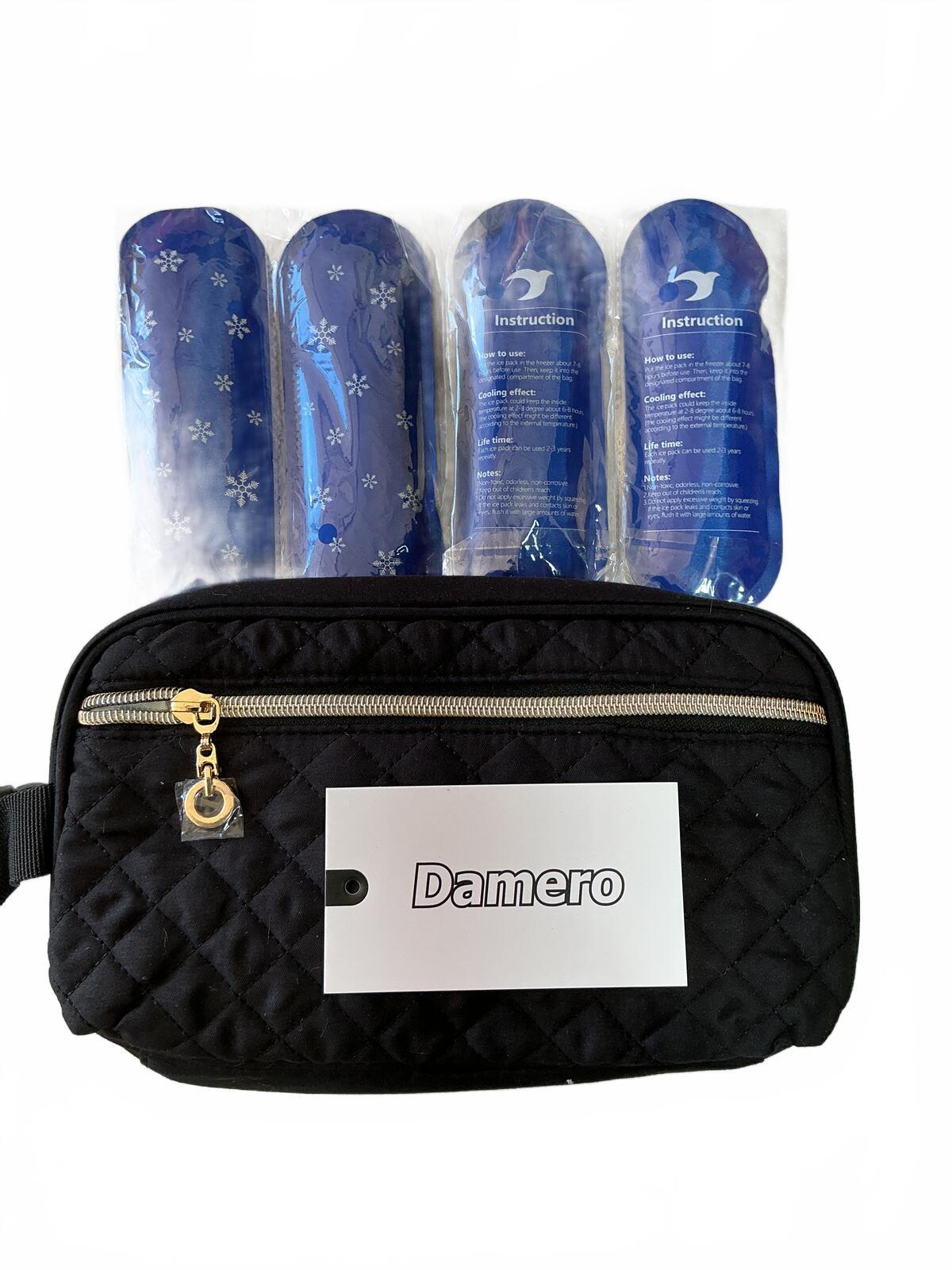 *NEW* Damero Large Quilted Insulated Lunch Bag Set with Ice Packs Black
