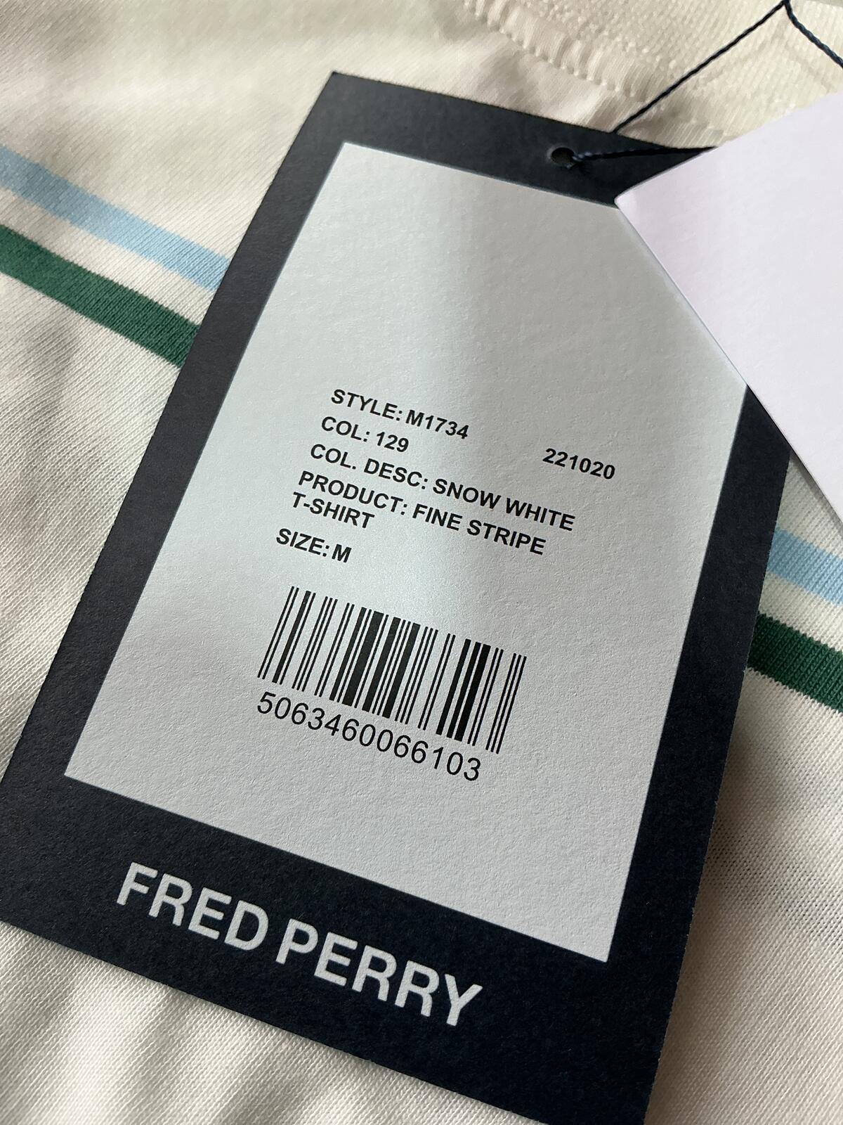 Fred Perry White and Green Striped T-Shirt Size Regular M