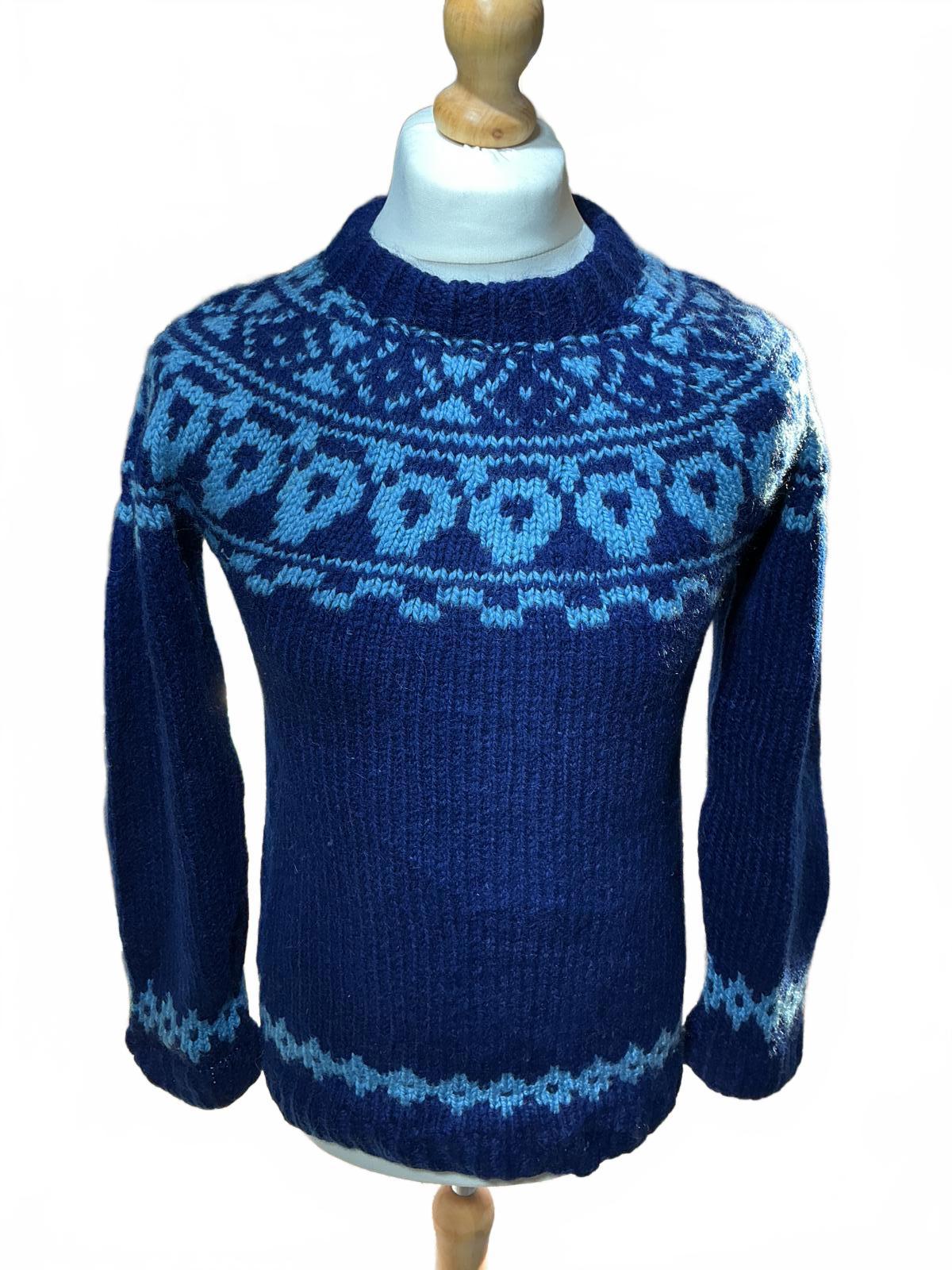 Vintage Blue Wool Knit Sweater with Nordic Pattern