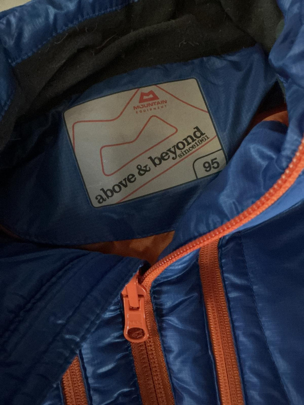 Mountain Equipment Men's Blue Puffer Jacket with Orange Zipper