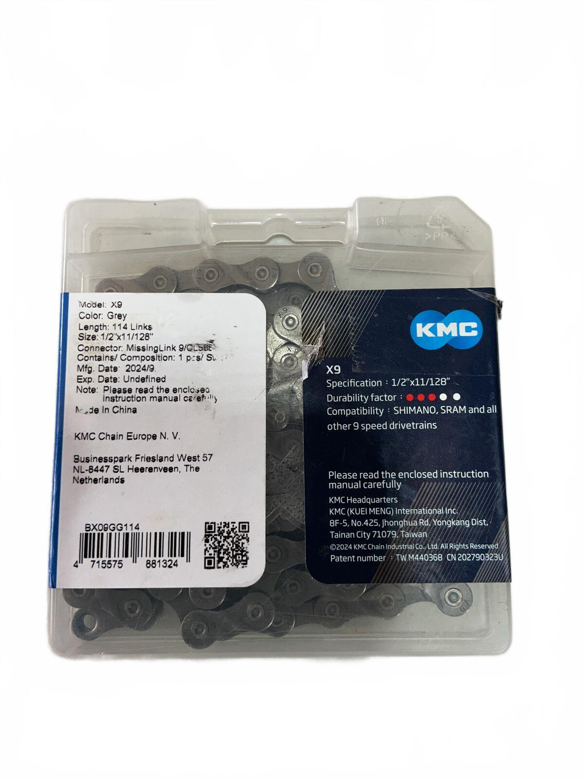 KMC X9 9-Speed Bicycle Chain Grey 114 Links 1/2"x11/128" Size