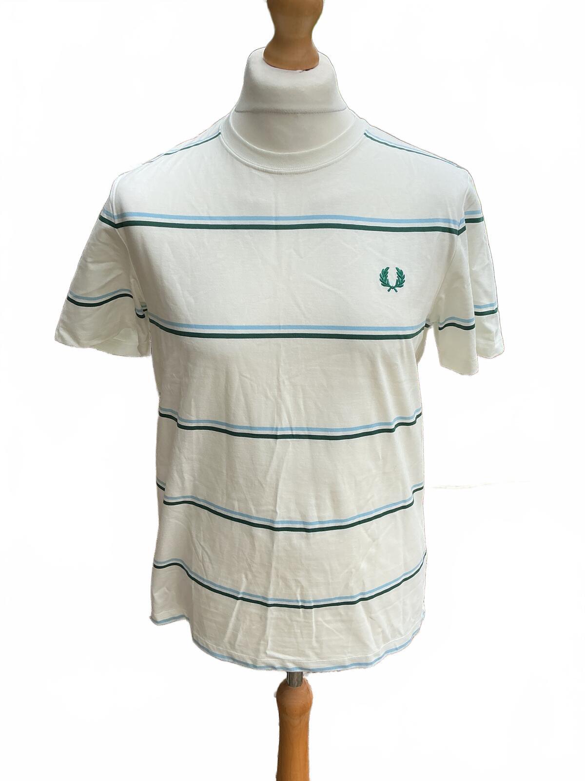Fred Perry White and Green Striped T-Shirt Size Regular M