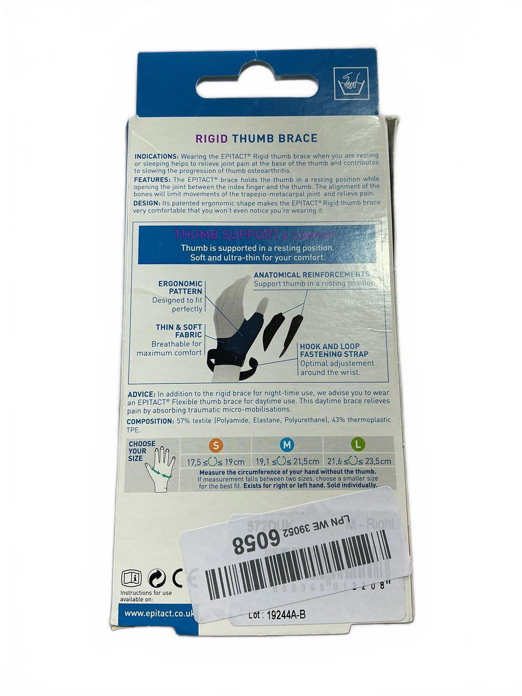 Epitact Rigid Thumb Brace Medium for Painful Thumb Night-Time Use