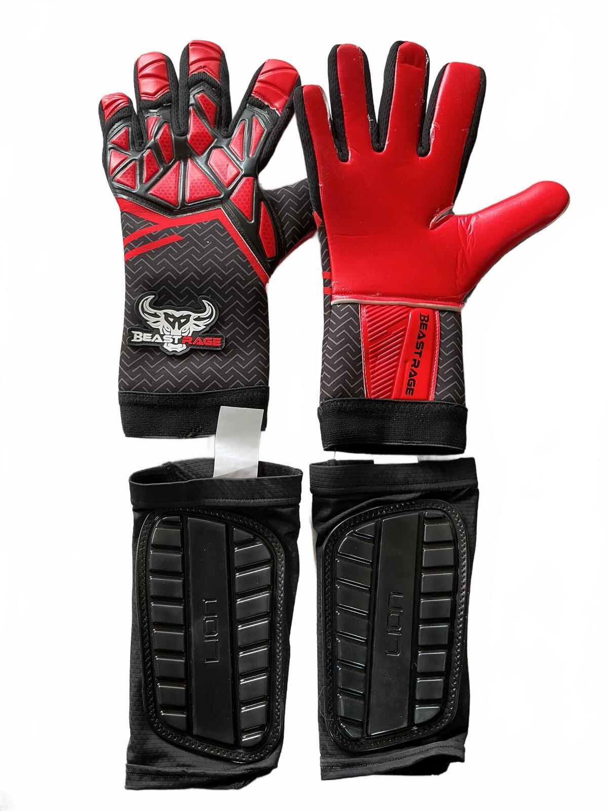 Lion Kids Size Sleeved Shin Guards and Red Black Gloves Size 6 Set