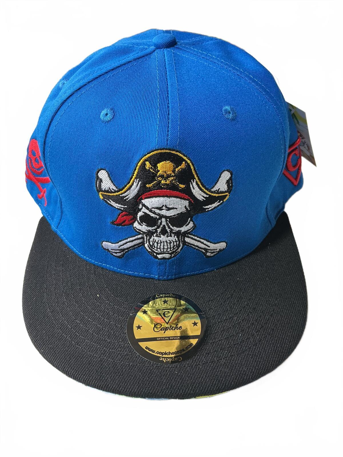 Capiche Blue and Black Pirate Skull Snapback Hat Cap Adjustable Size