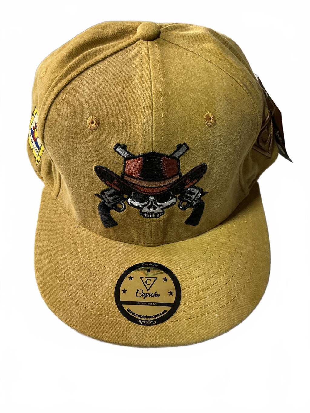 Capiche Yellow Cotton Snapback Hat with Skull and Guns Design Size Adjustable