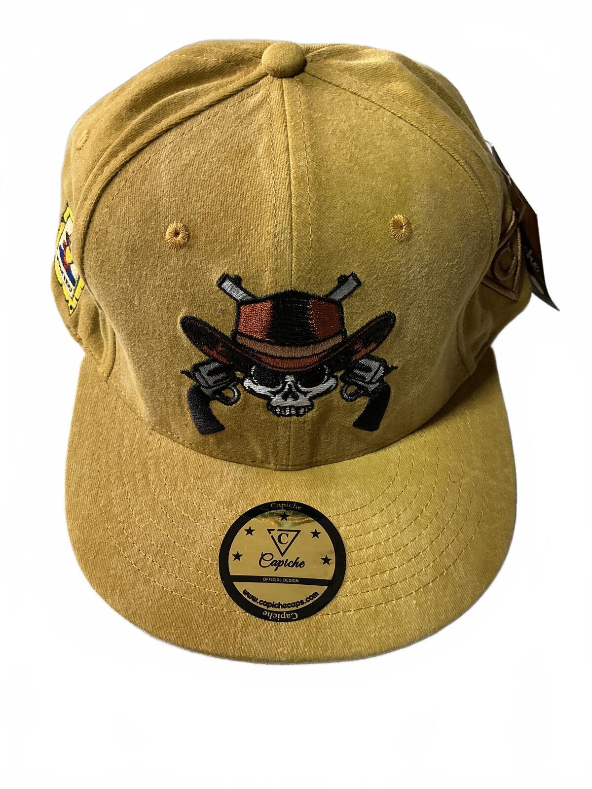 Capiche Yellow Cotton Snapback Hat with Skull and Guns Design Size Adjustable