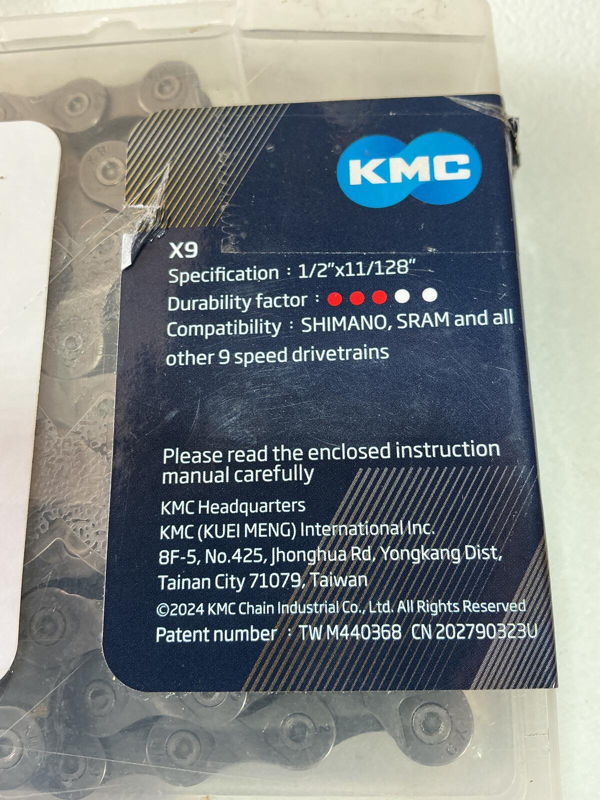 KMC X9 9-Speed Bicycle Chain Grey 114 Links 1/2"x11/128" Size