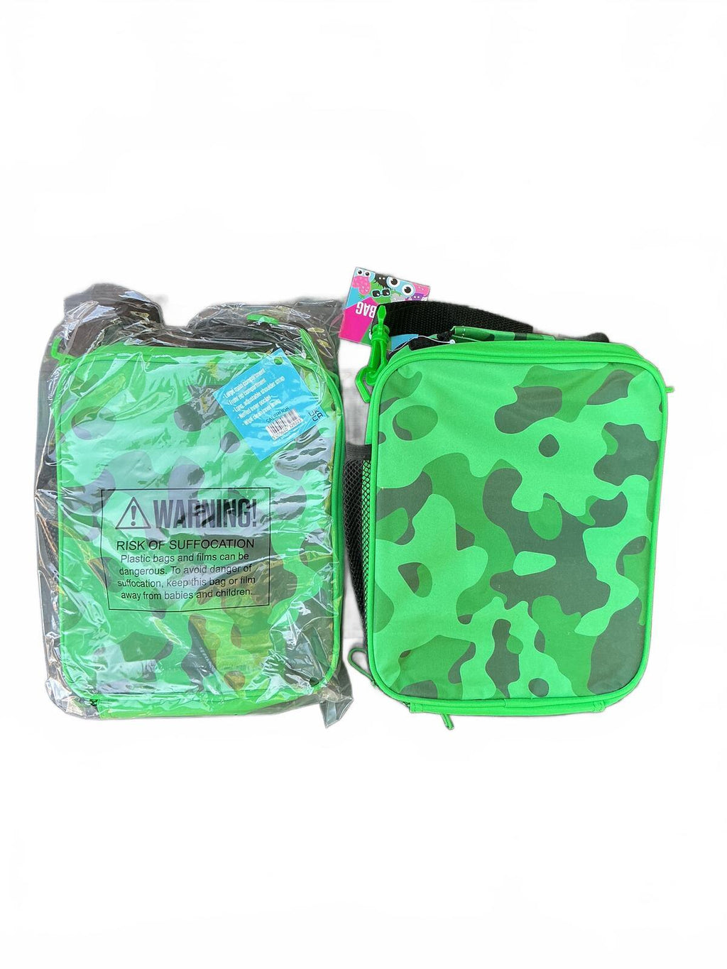Two Tinc Green Camouflage Insulted Lunch Bags with Monster Print