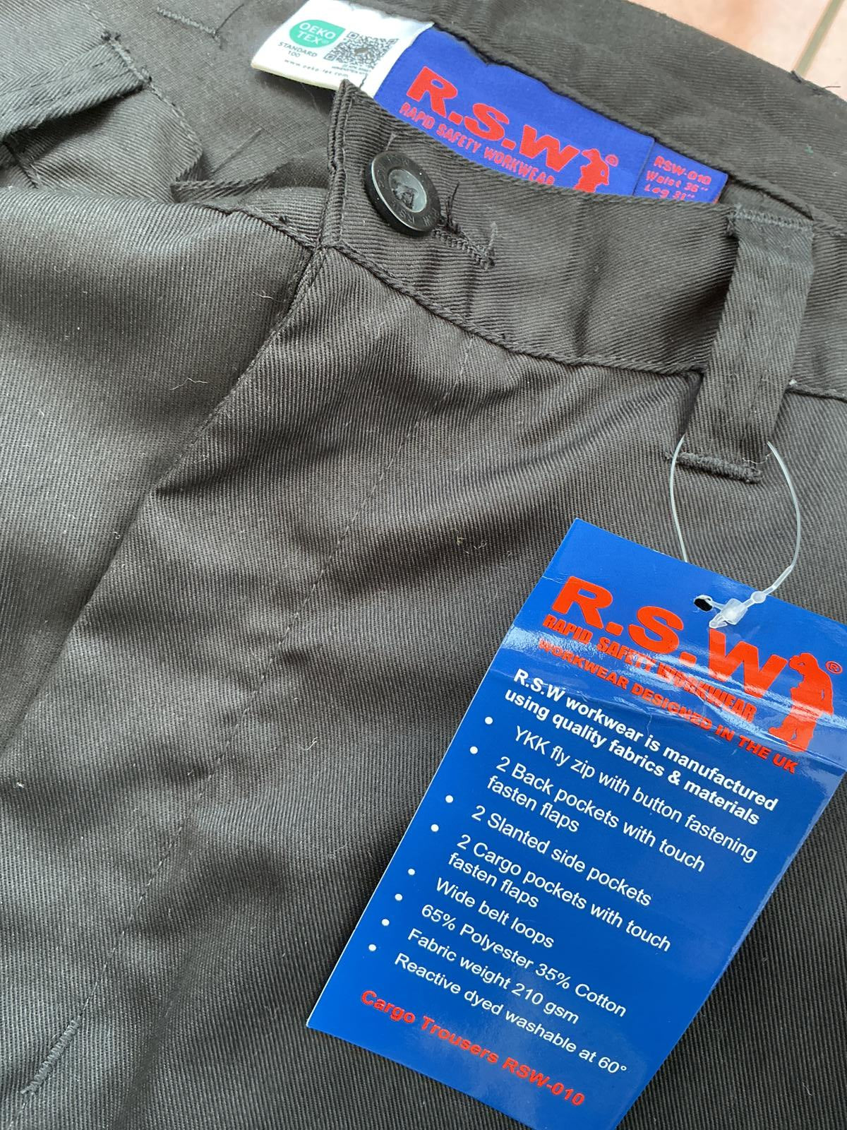 RSW Workwear Black Cargo Trousers Large 36/31