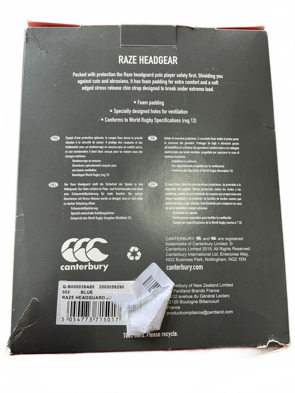 Canterbury Raze Headgear Protective Rugby Helmet Blue Size XXS