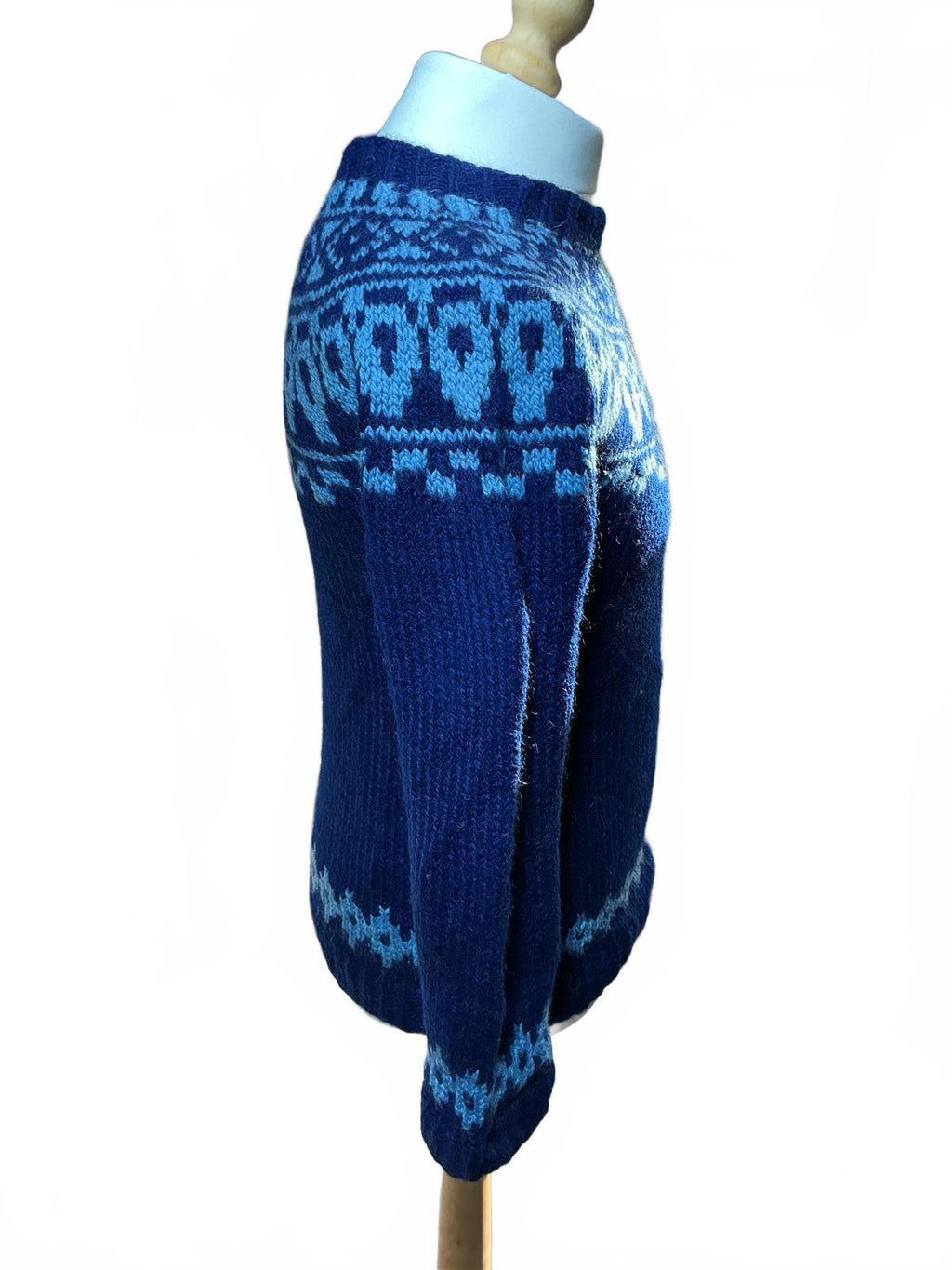 Vintage Blue Wool Knit Sweater with Nordic Pattern