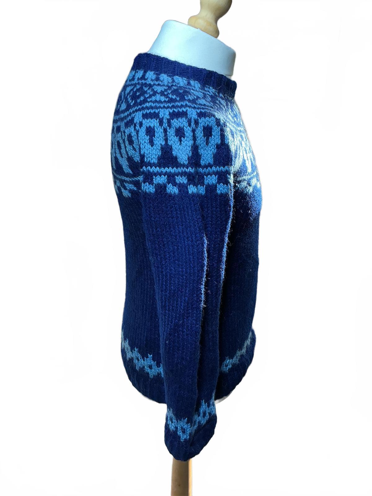 Vintage Blue Wool Knit Sweater with Nordic Pattern
