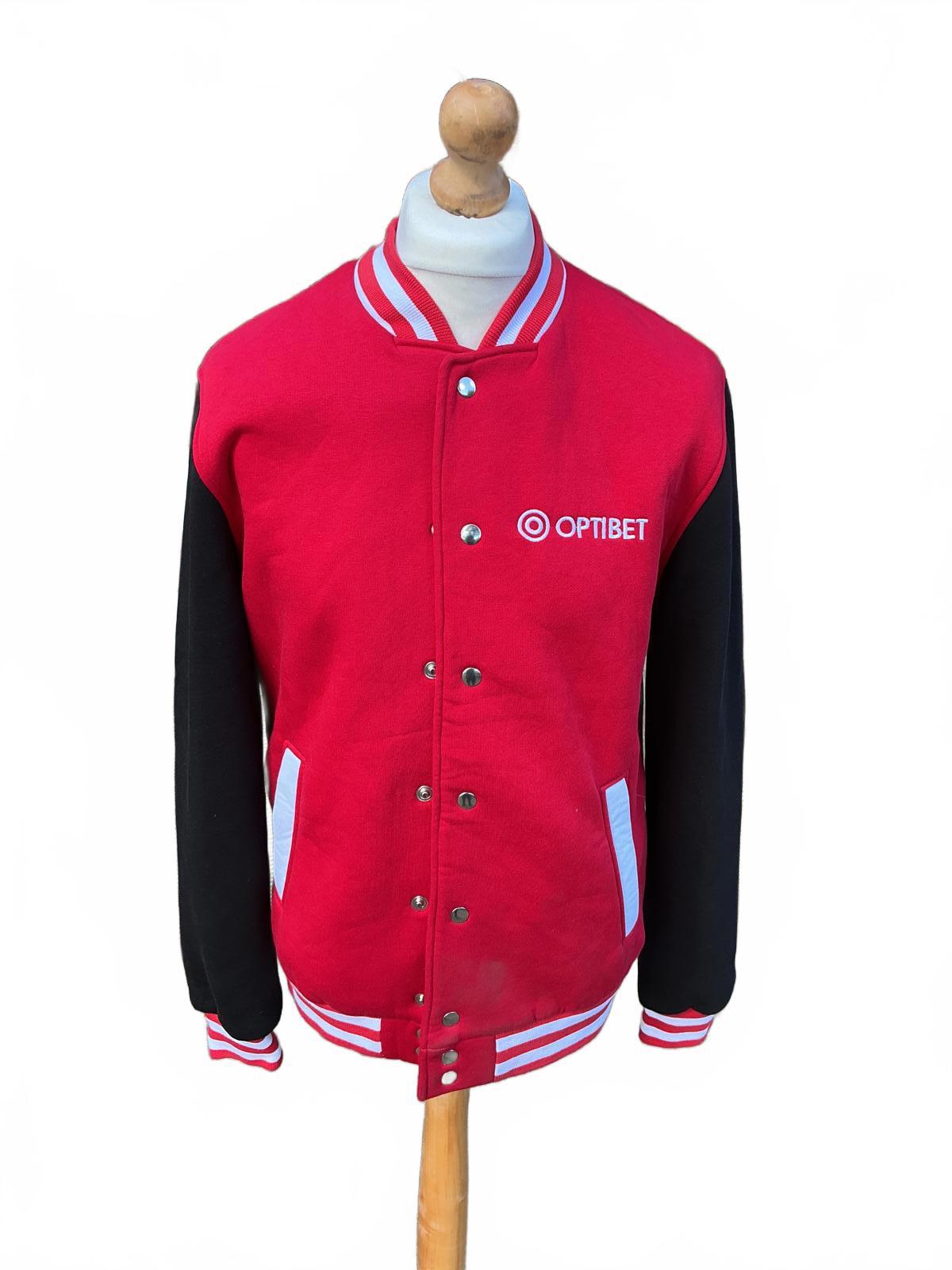 Optibet Red and Black Varsity Jacket with Player Back Embroidery, Size Xl