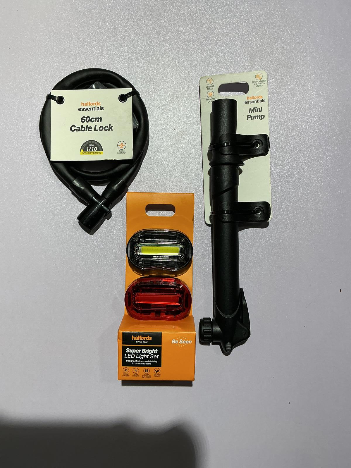 Halfords Essentials 60cm Cable Lock, Mini Pump & Super Bright LED Light Set