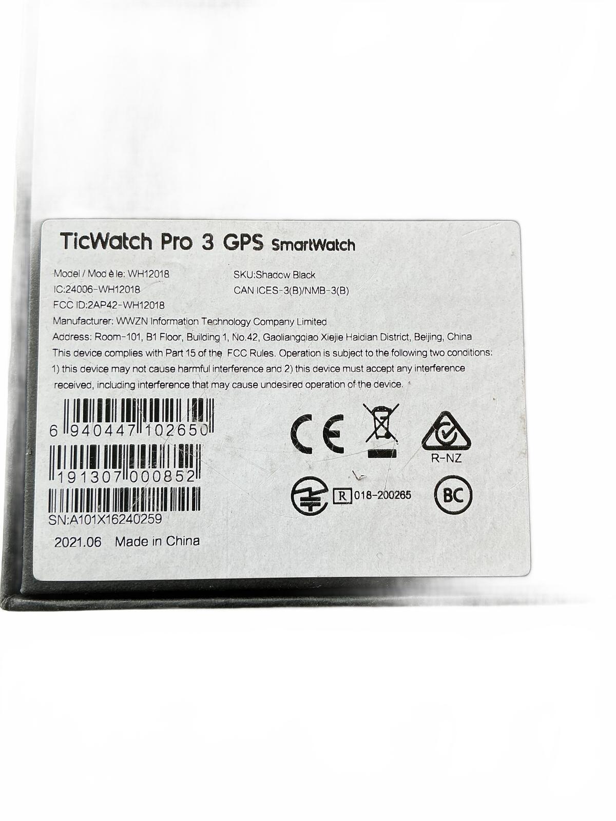TicWatch Pro 3 GPS Smartwatch with Charger and Manuals - Size Standard