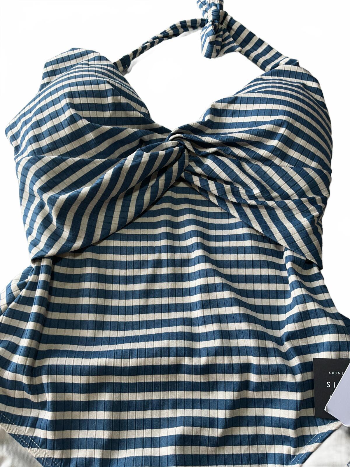John Lewis Valencia Halter Stripe Swimsuit Size 12 Blue White Halter Neck