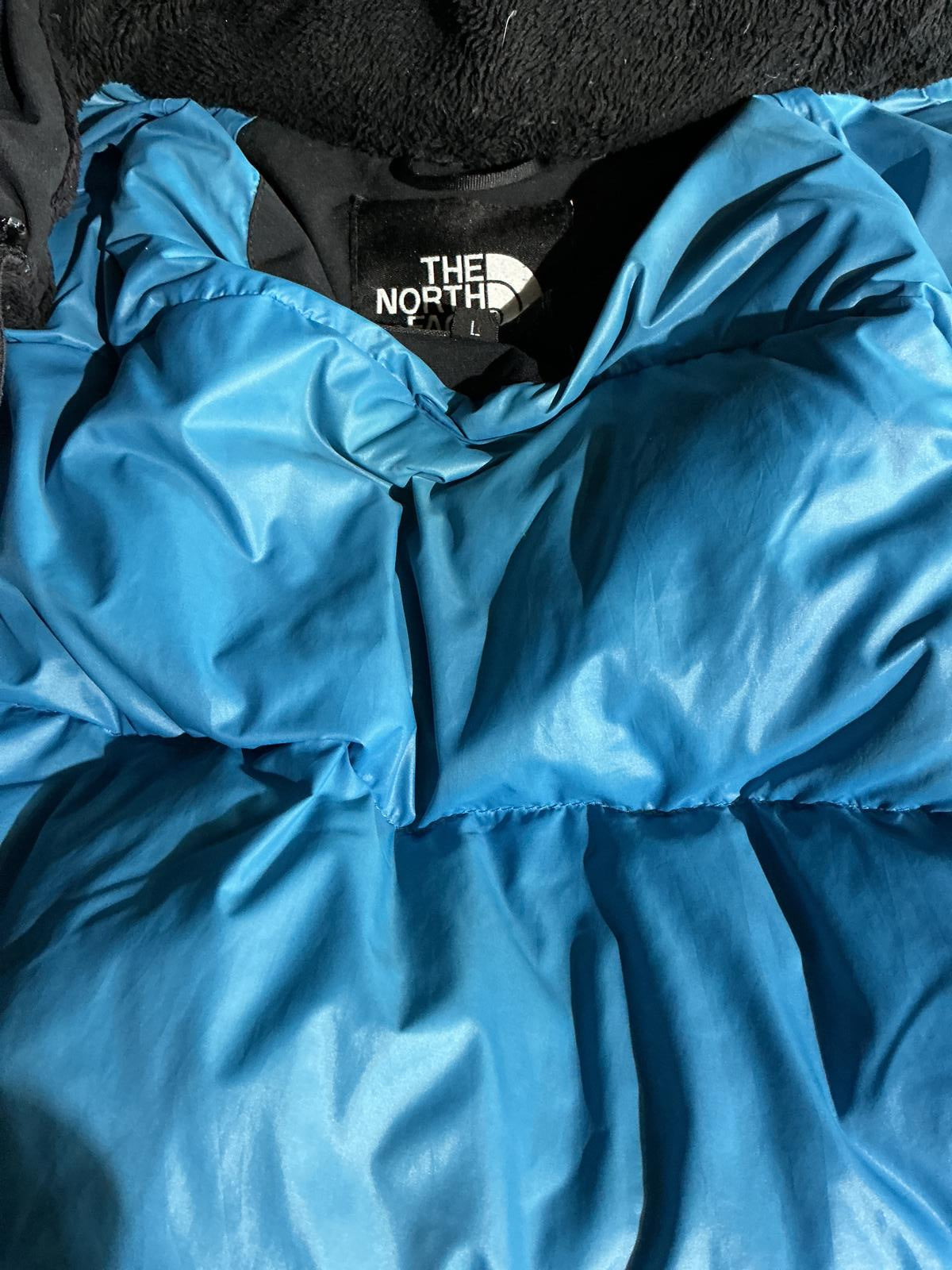 The North Face Men's Puffer Jacket Insulated Hooded Size L Black Blue Good