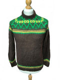 Vintage Men's Brown Knit Sweater with Green and Yellow Pattern