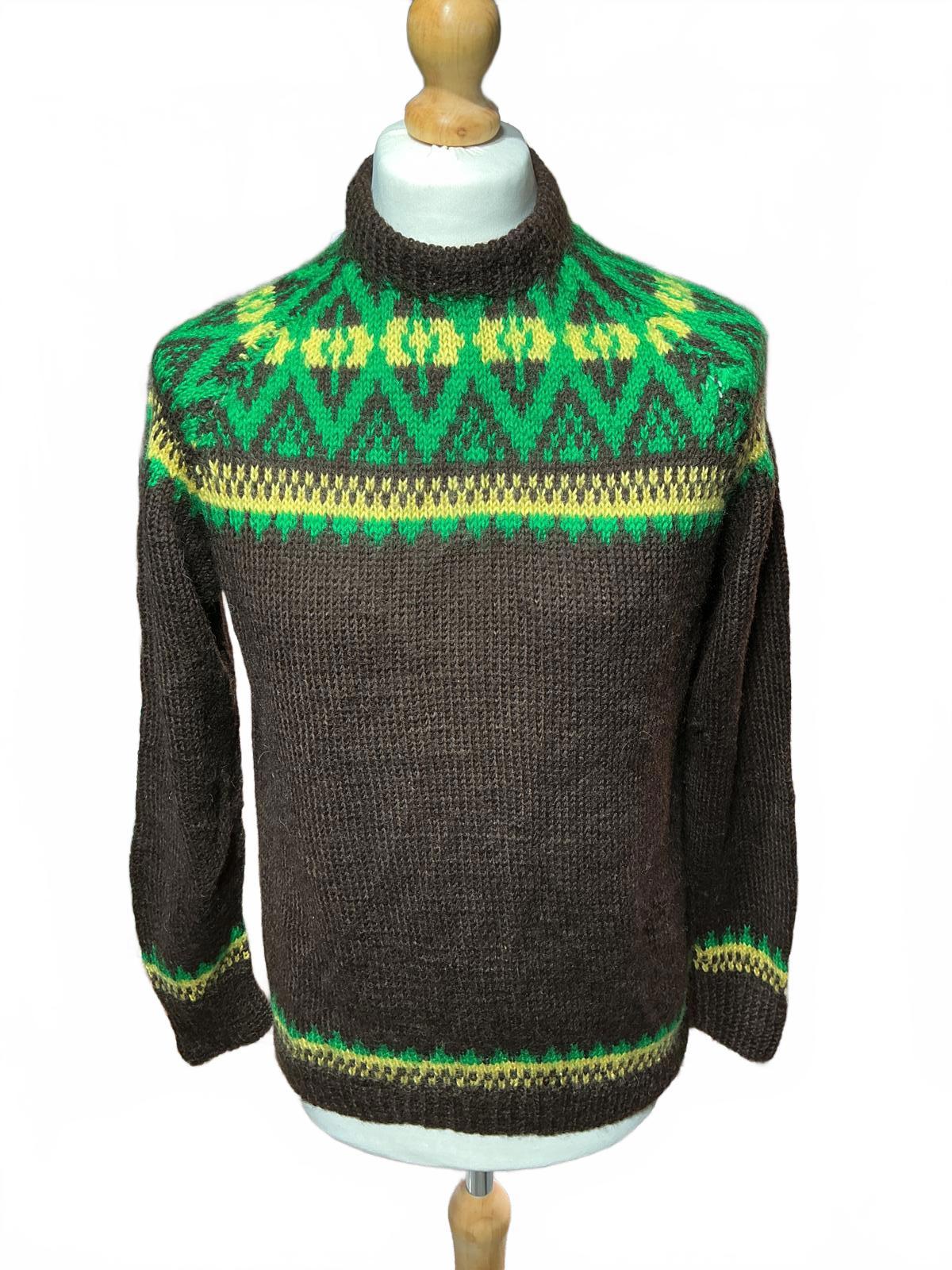 Vintage Men's Brown Knit Sweater with Green and Yellow Pattern