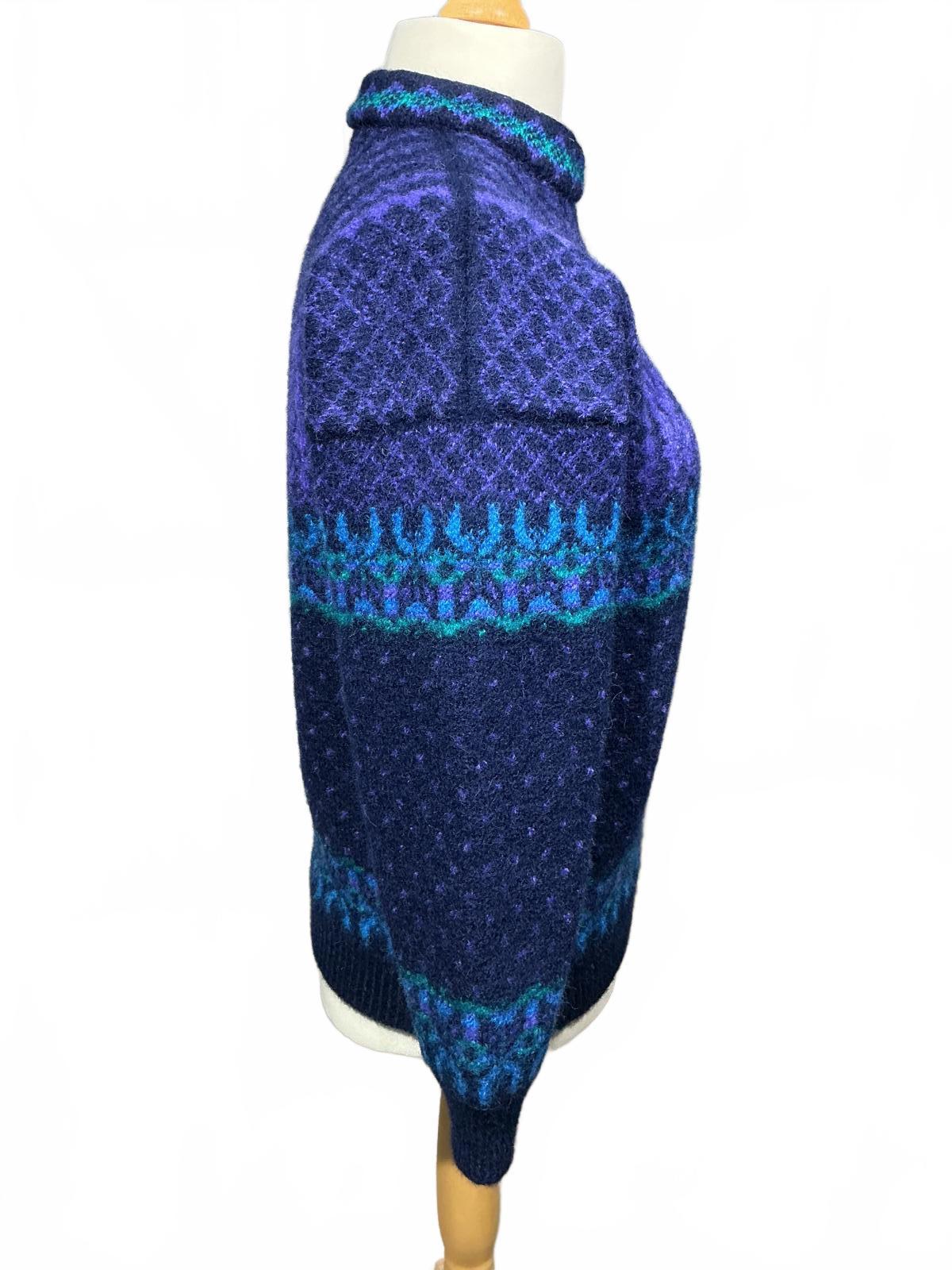 Vintage Norwegian Women's Turtleneck Sweater in Blue and Purple