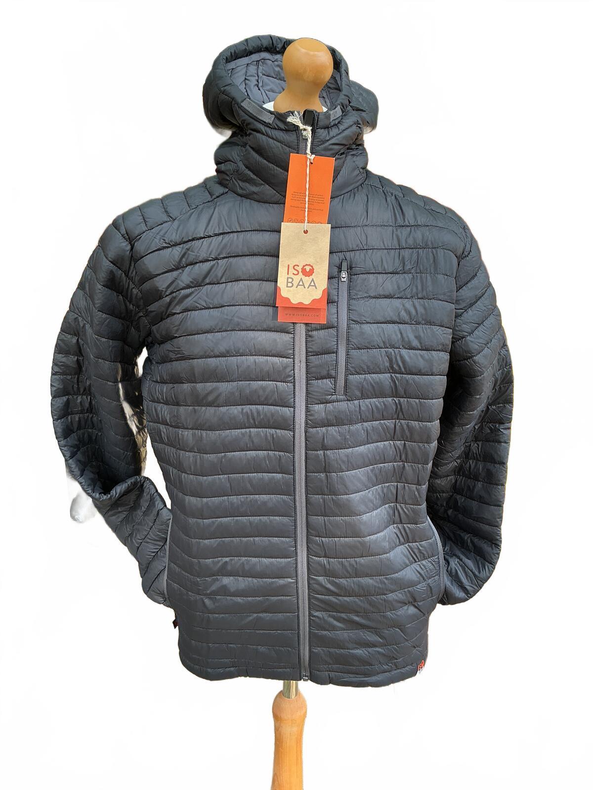 ISOBAA Men's Black Puffer Merino Jacket with Hood Size L Warm Lightweight