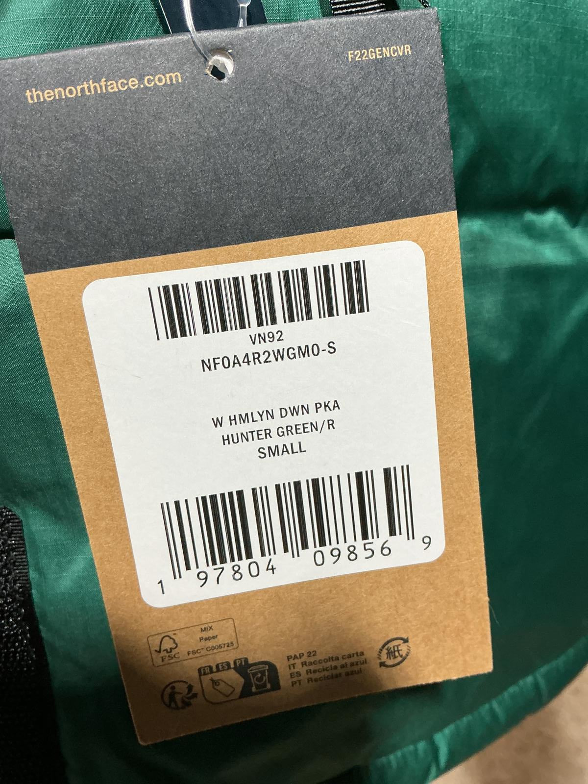 The North Face Small Ladies Down Himalayan Green Puffer Jacket with Hood
