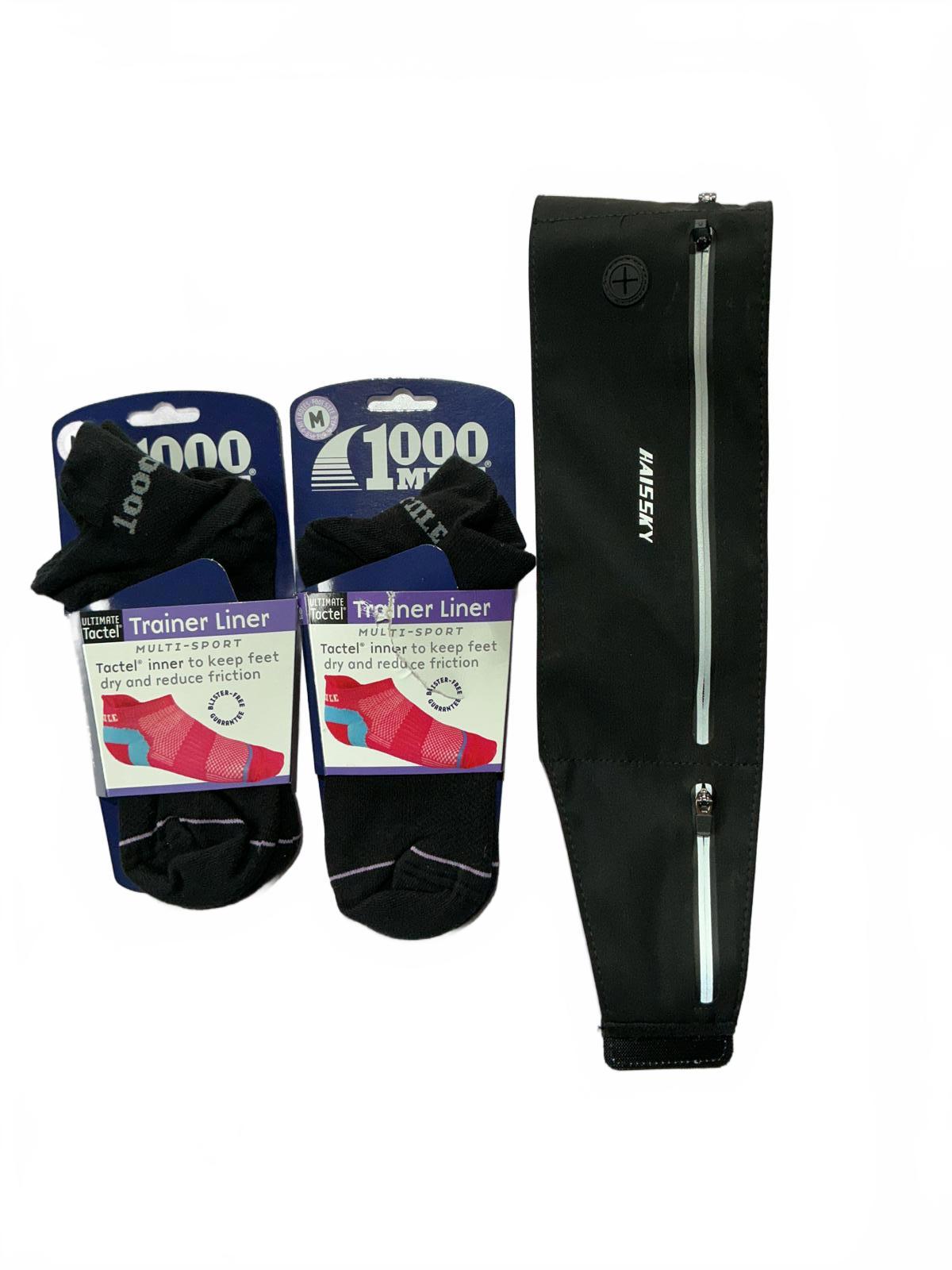 2x1000 Mile Ultimate Tactel Ladies Socks Black Size 6.5-8.5+Haissky Running Belt
