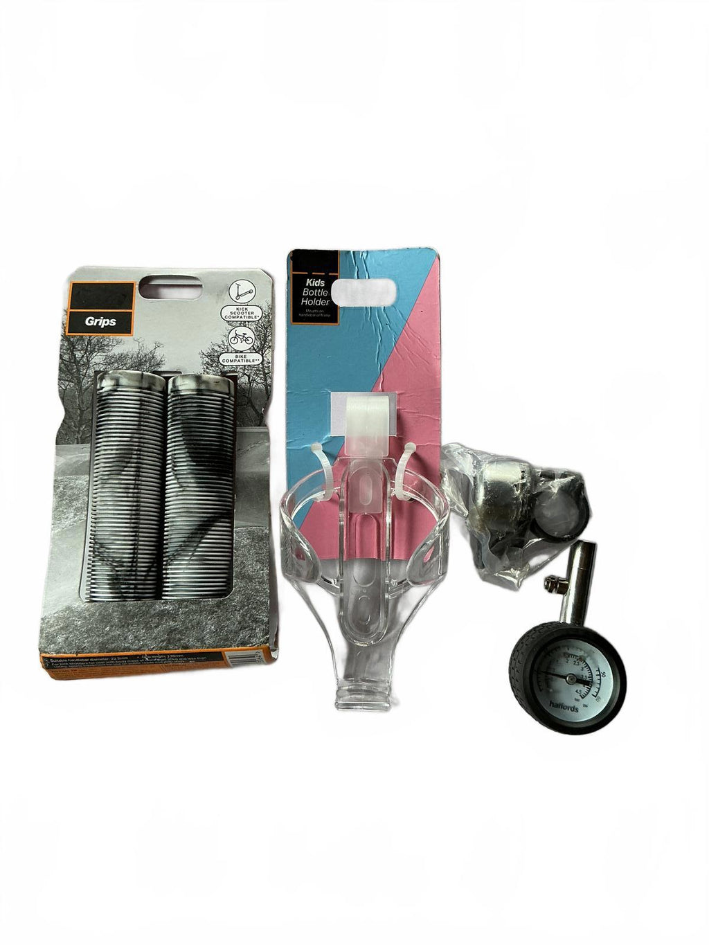 Halfords Kids Bottle Holder, Grips and Pressure Gauge Set