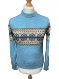 Vintage Light Blue Men's Crew Neck Sweater with Patterned Band