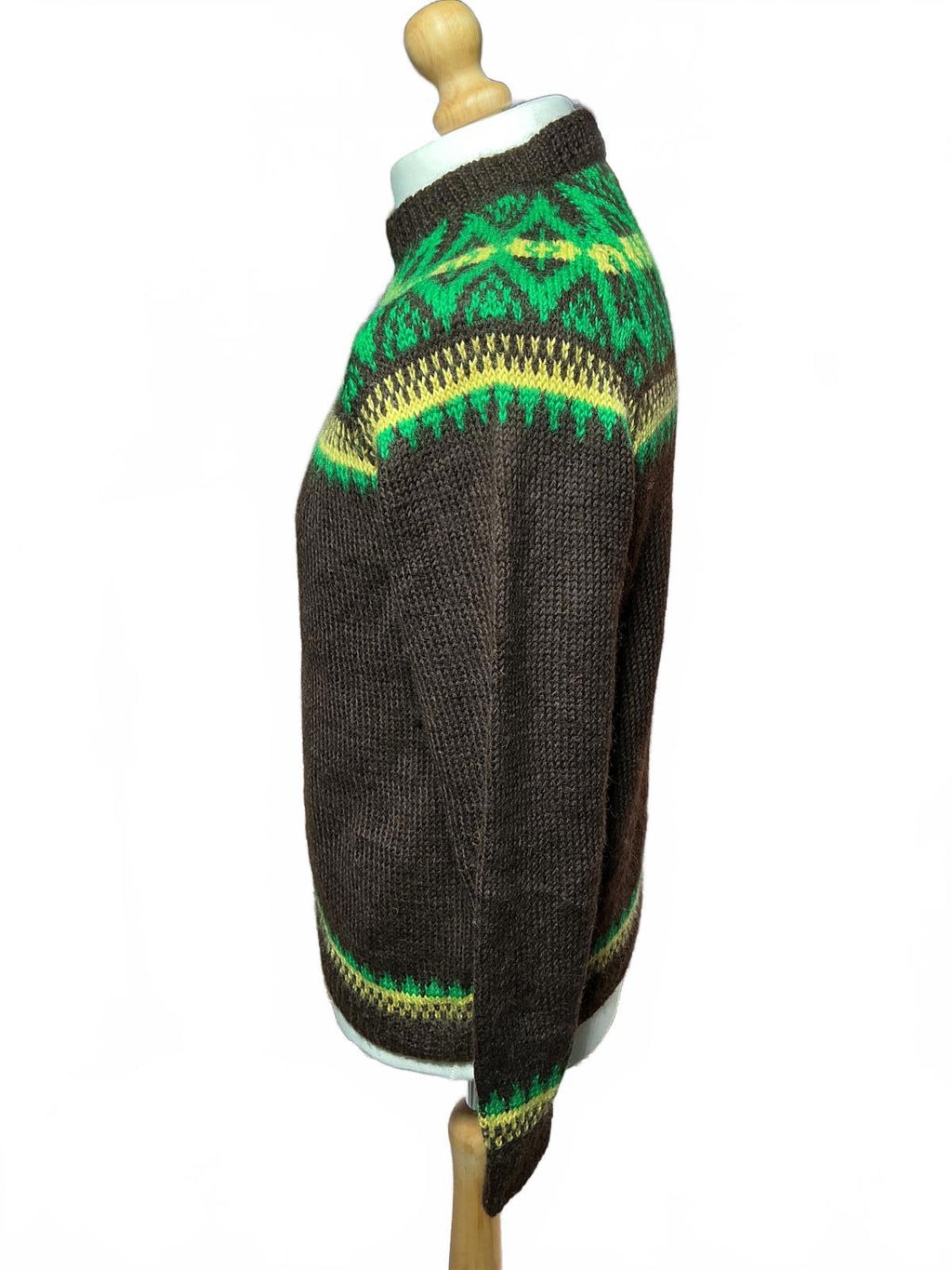 Vintage Men's Brown Knit Sweater with Green and Yellow Pattern