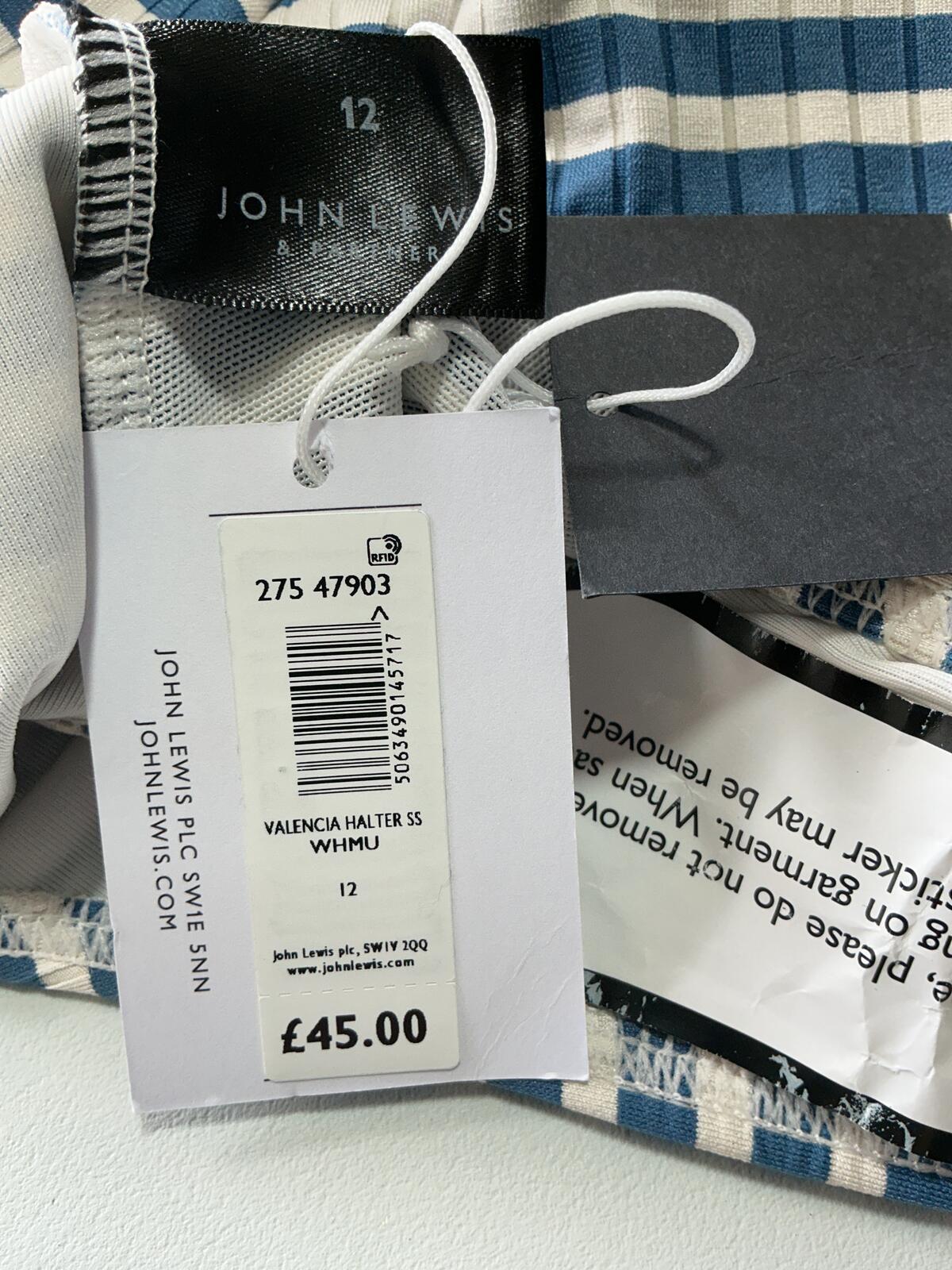 John Lewis Valencia Halter Stripe Swimsuit Size 12 Blue White Halter Neck