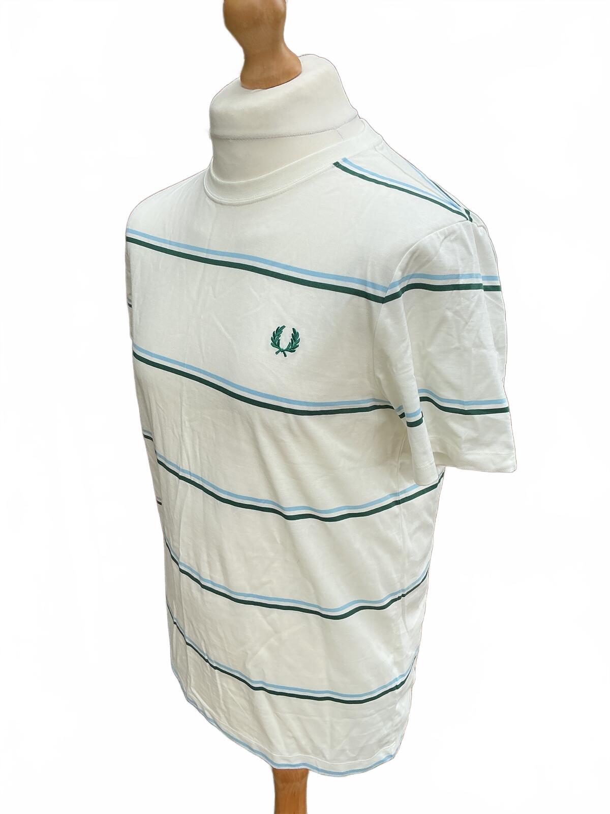 Fred Perry White and Green Striped T-Shirt Size Regular M