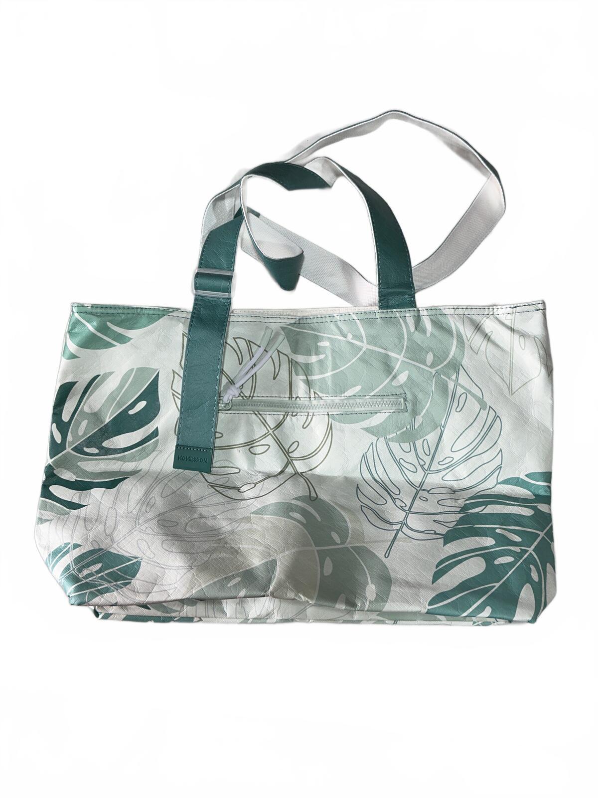 Large Tropical Leaf Print Tote Bag, White/Green, Shoulder Straps