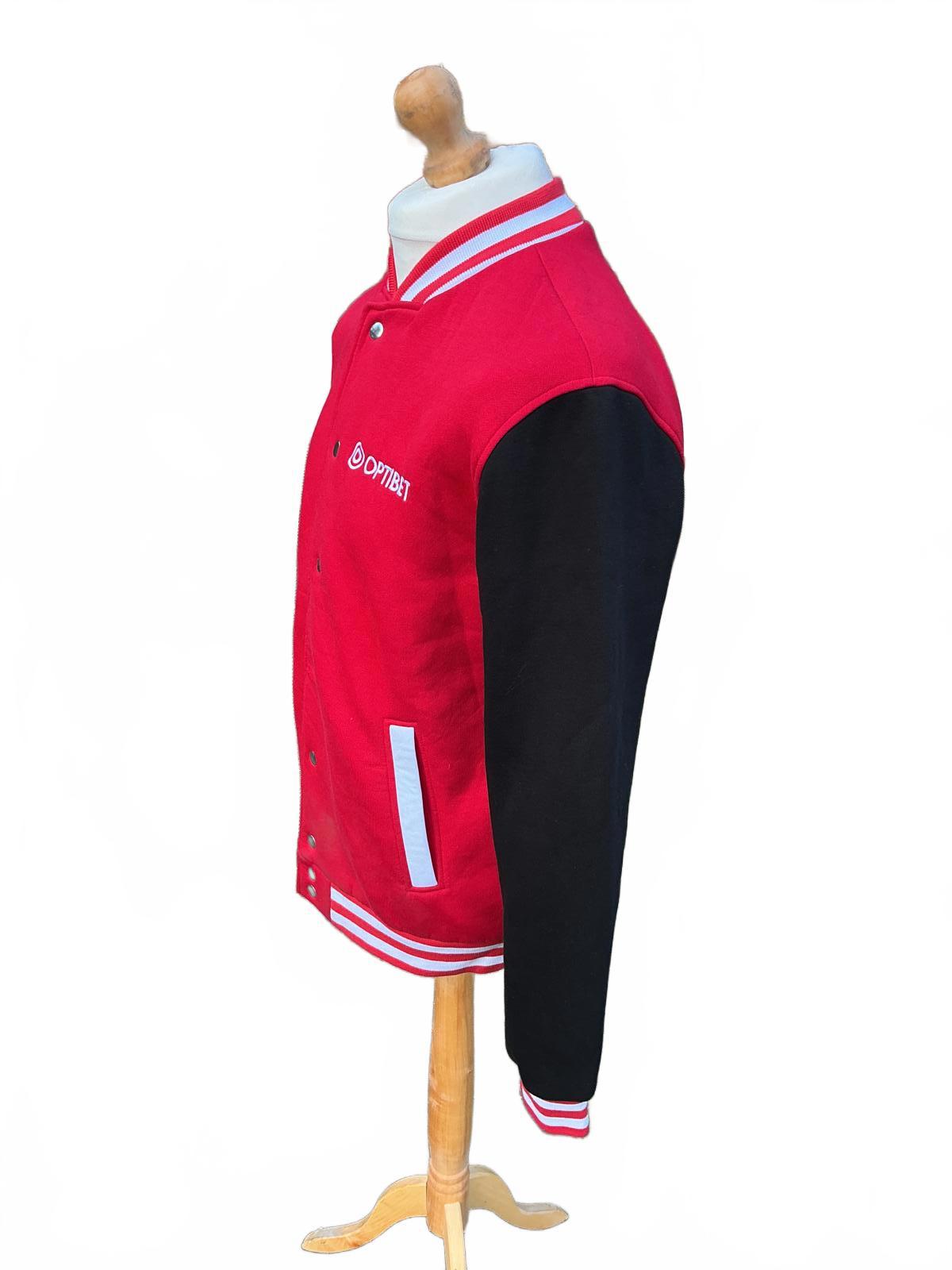 Optibet Red and Black Varsity Jacket with Player Back Embroidery, Size Xl