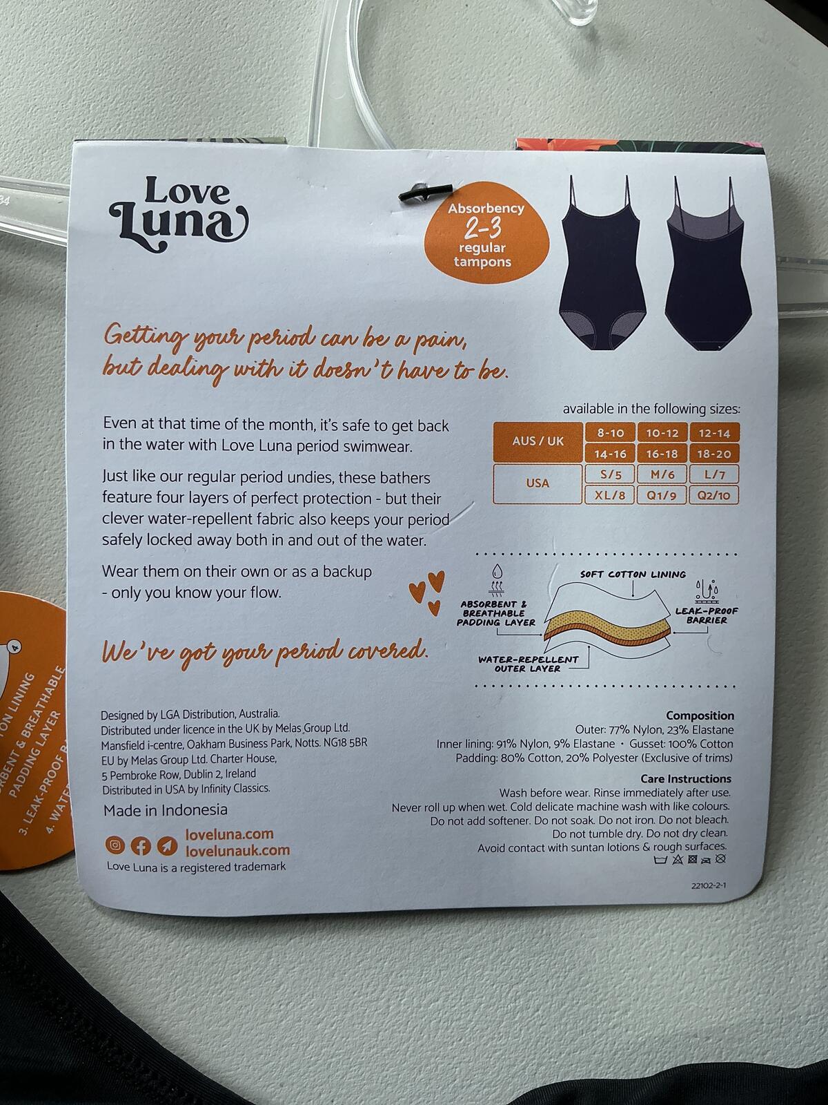 Love Luna Black Period Swimwear Swimsuit Size UK 16/18